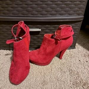Red Suede High-Heel Ankle Boots with Wrap Strap